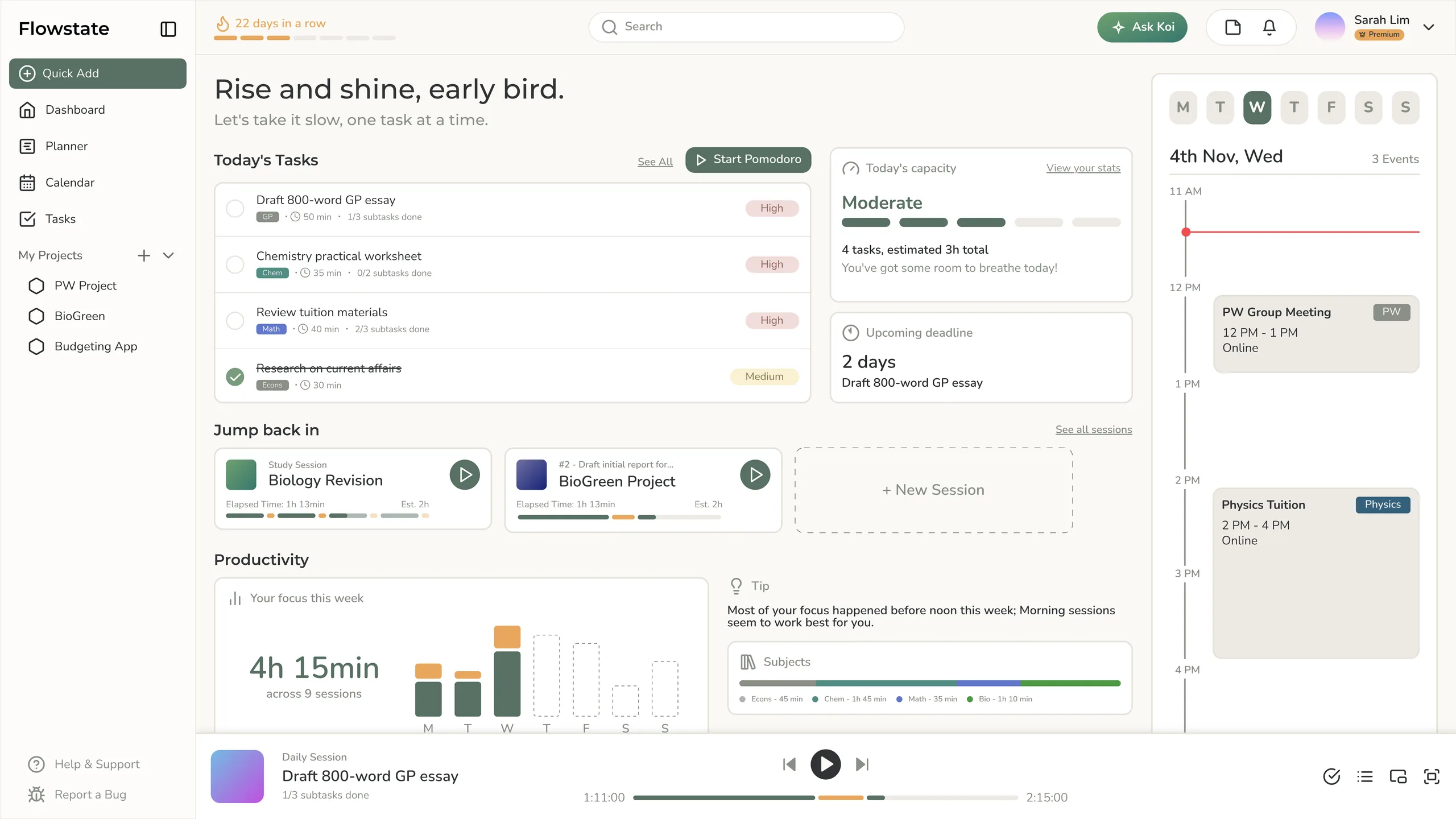 Flowstate dashboard showing today's top tasks, upcoming assignment deadlines and a study session timer