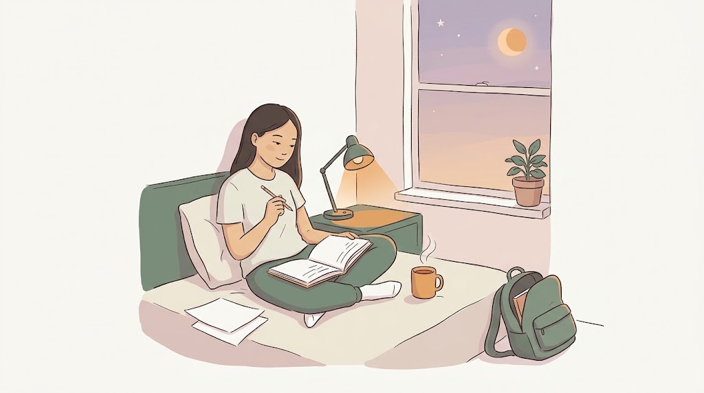 A student sitting cross-legged on a bed writing in an open notebook, with a desk lamp, a mug and a backpack beside them and an evening sky through the window