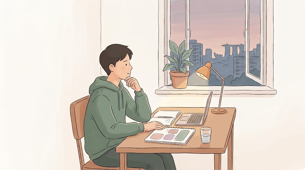 A student sitting at his table with his laptop open, a desk lamp shining on his setup. He stares out the window calmly.