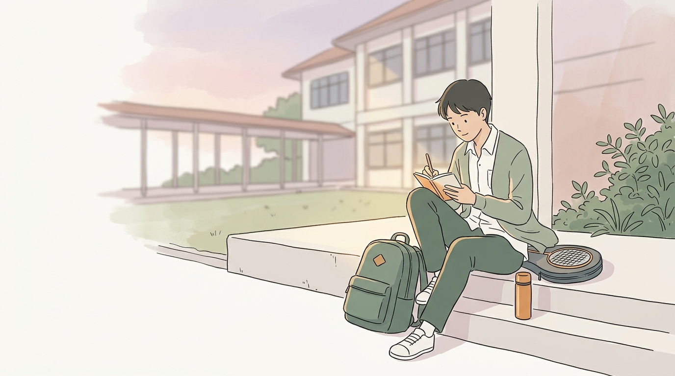 A student sits on a step outside school in late-afternoon light, notebook in hand, waiting calmly for CCA to start.