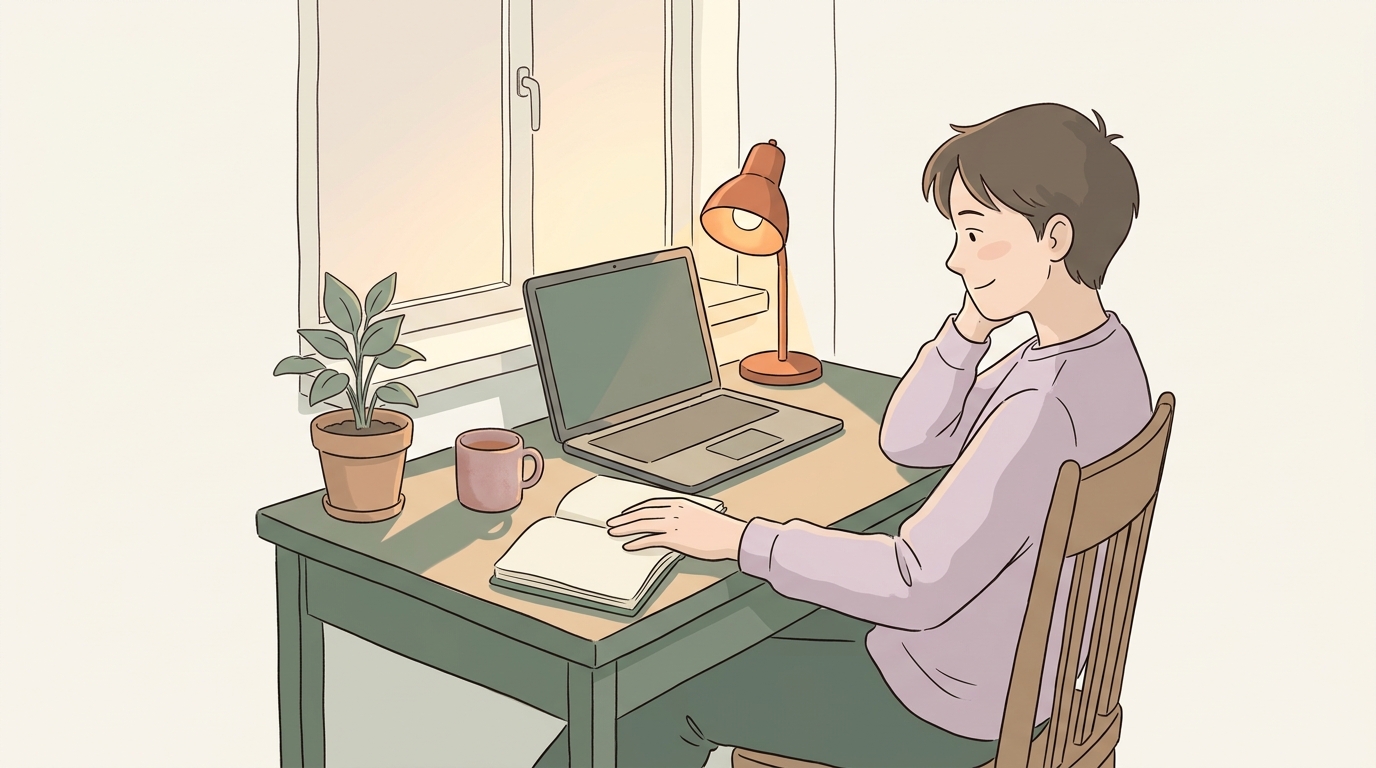 A student sitting at a desk in warm evening light, relaxed and looking at a laptop, with a notebook, mug, and small plant nearby.