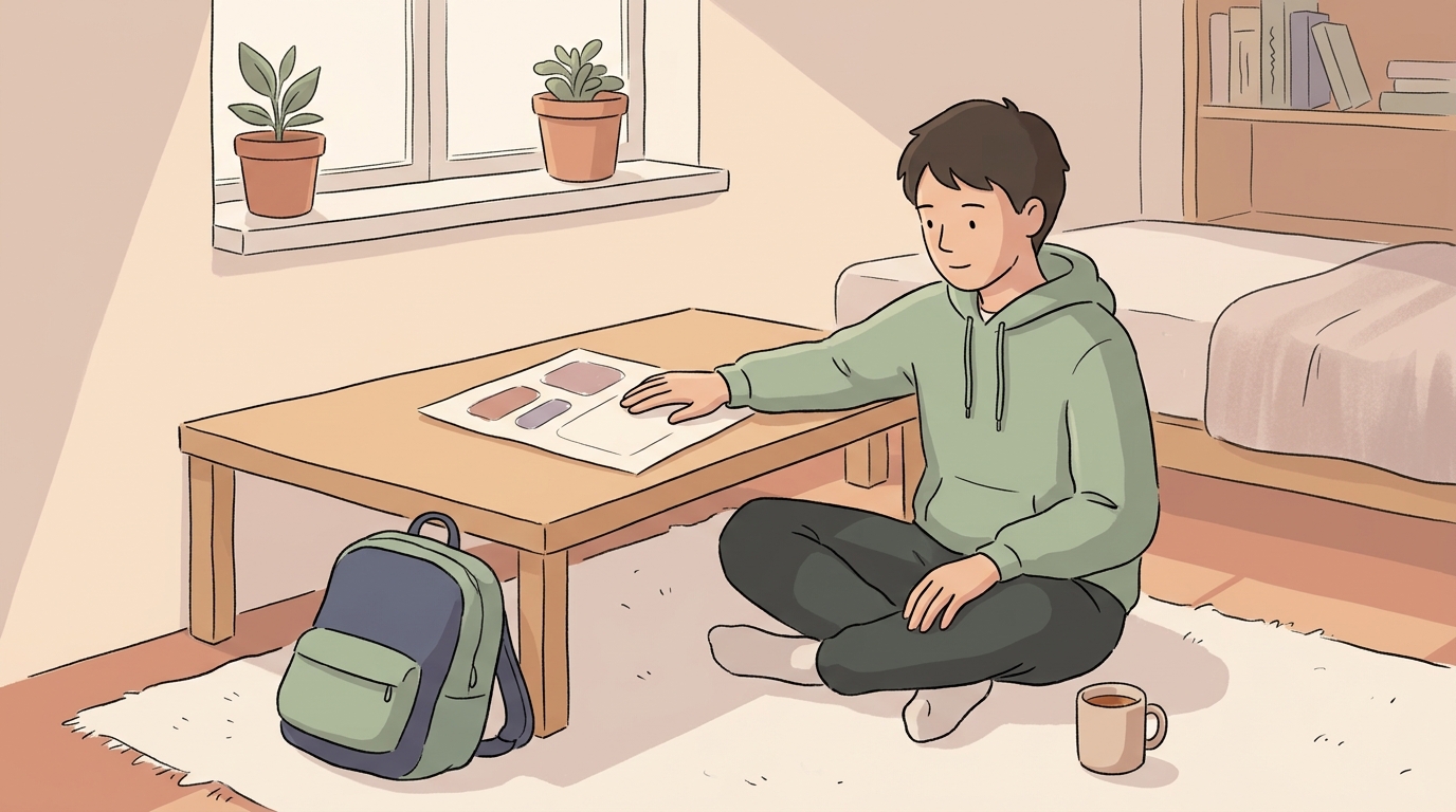 A student sitting cross-legged at a low desk in soft evening light, looking calmly at a simple hand-sketched weekly planning grid with one block left empty, a small plant and cup of tea nearby, in a warm sage-and-terracotta pastel style.