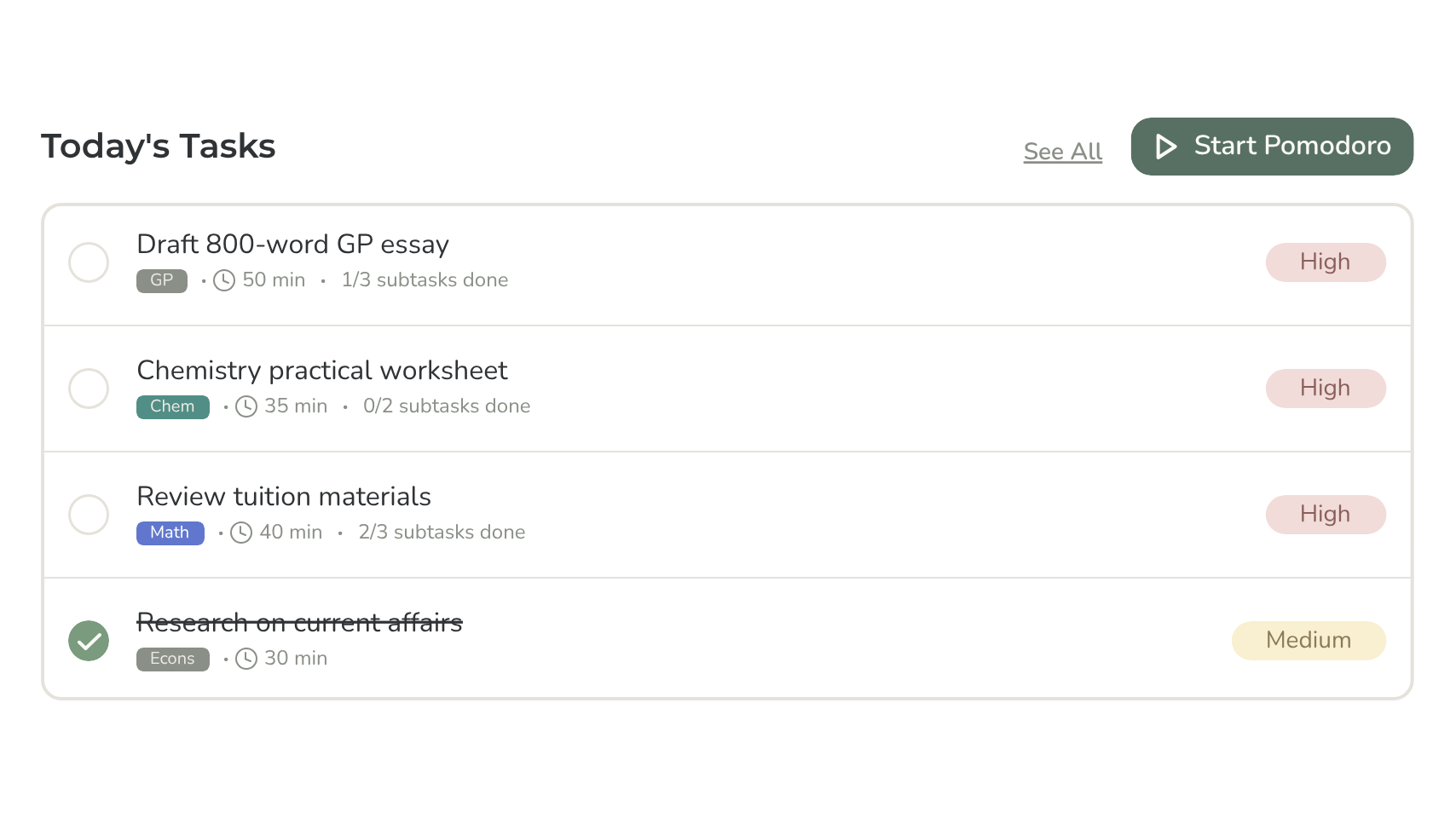 Flowstate daily session listing a student's most important tasks for the day