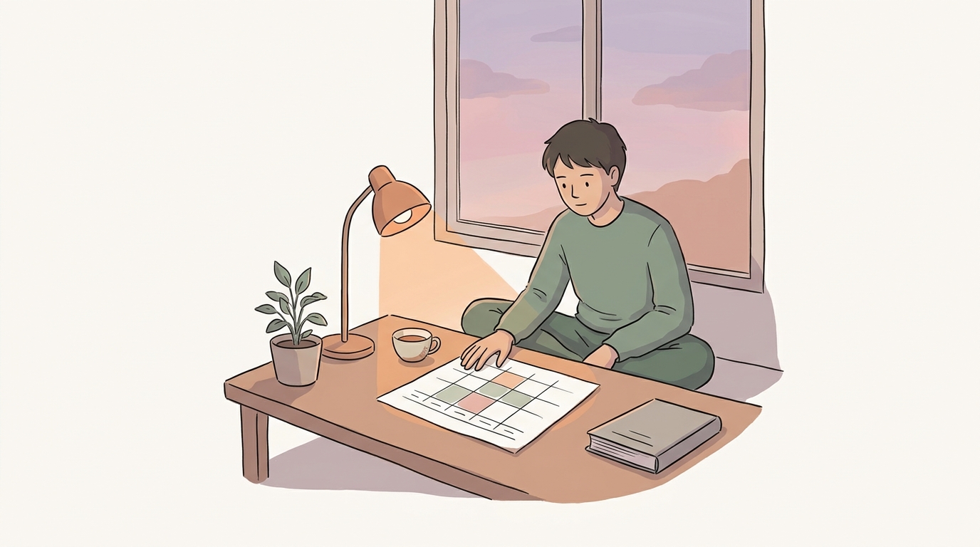 A soft, hand-drawn illustration of a teenage student sitting cross-legged on the floor of their bedroom in early-evening light.